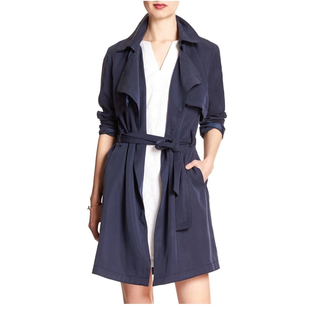 Banana Republic Navy Blue Soft Trench Coat Small Belted Tencel Wrap Jacket‎ NWT